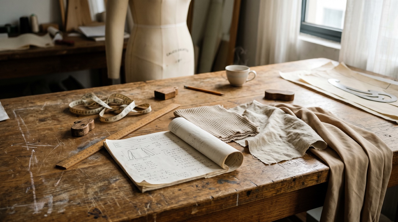 Pattern maker's workbench with a development worksheet, three fabric swatches in linen and ribbed knit, wooden ruler and measuring tape