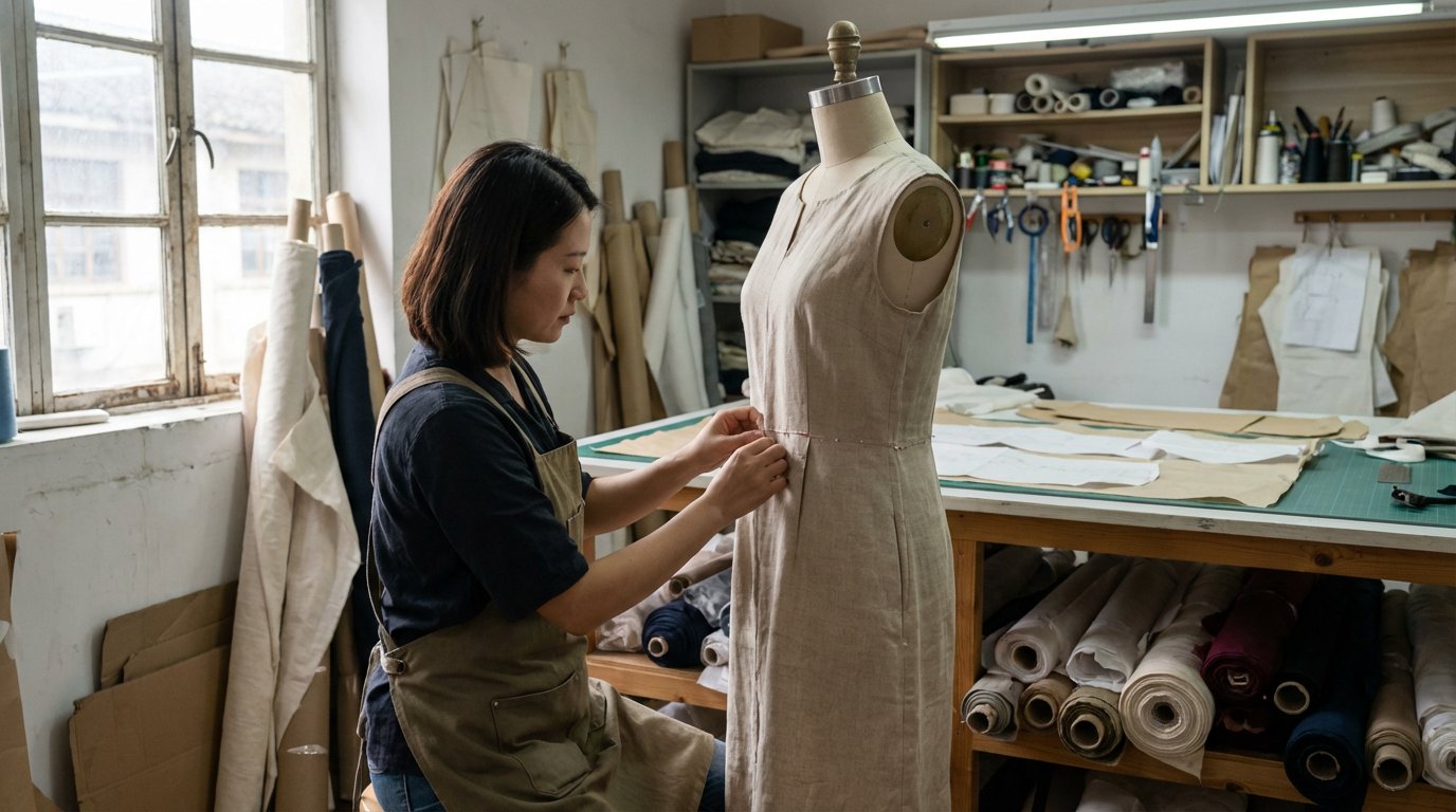 Pattern maker fitting a linen sample dress on a wooden dress form