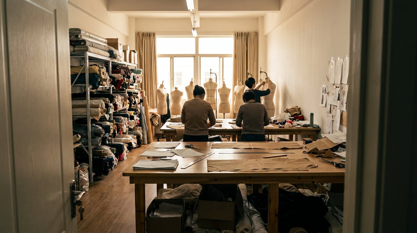 Pattern room wide view with two workers, dress forms, and fabric rolls