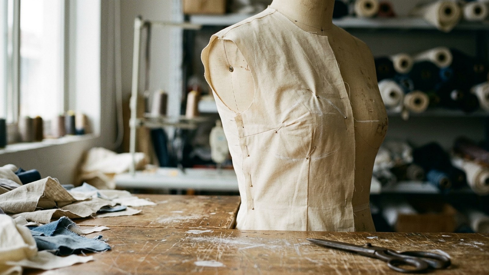 Half-finished cotton toile pinned to a dress form on a cutting table