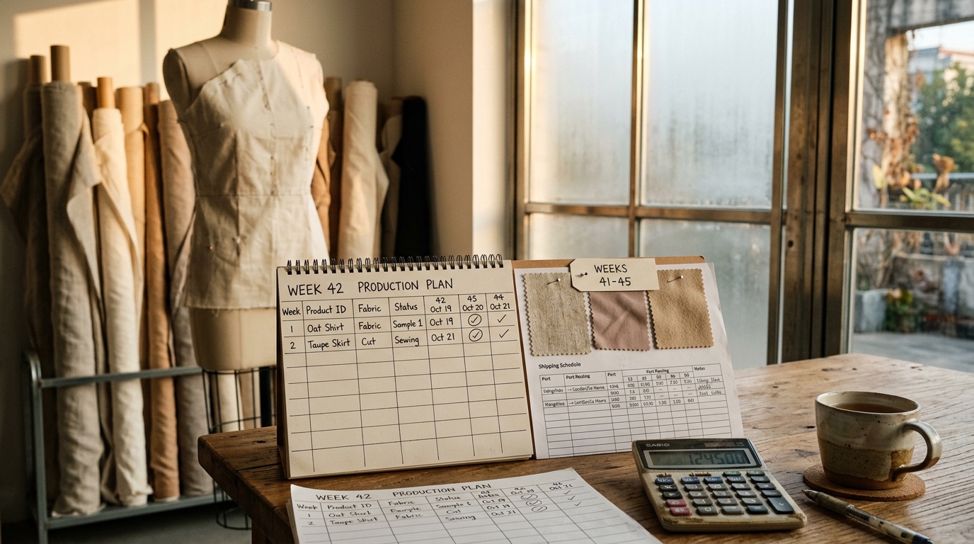 Production planning workbench with handwritten schedule notes, calculator, and dress forms
