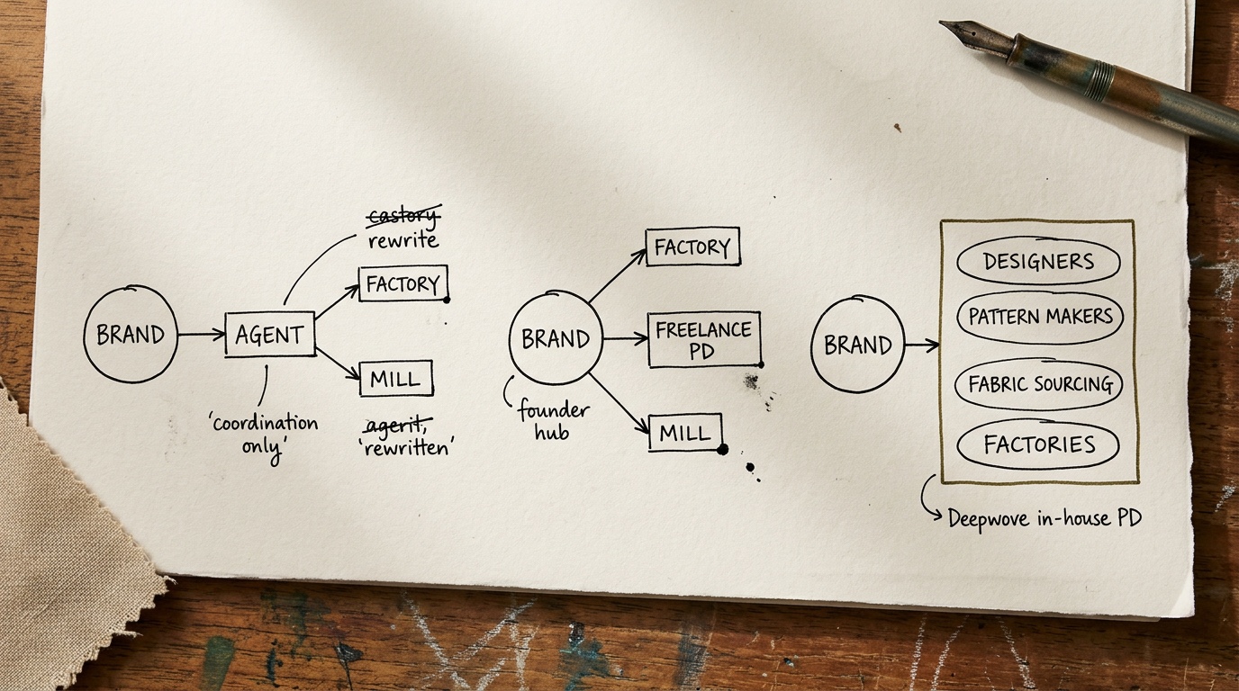 A hand-drawn three-panel diagram on cream notebook paper laid on a Hangzhou pattern table — Panel 1 shows a brand connected through a sourcing agent to a factory and mill (four-node chain); Panel 2 shows a brand hub with multiple lines radiating to a factory, a freelance PD, and a mill (founder doing the work); Panel 3 shows a brand connected by one line to a single integrated box containing designers, pattern makers, fabric sourcing, and factories — Deepwove's in-house PD model.