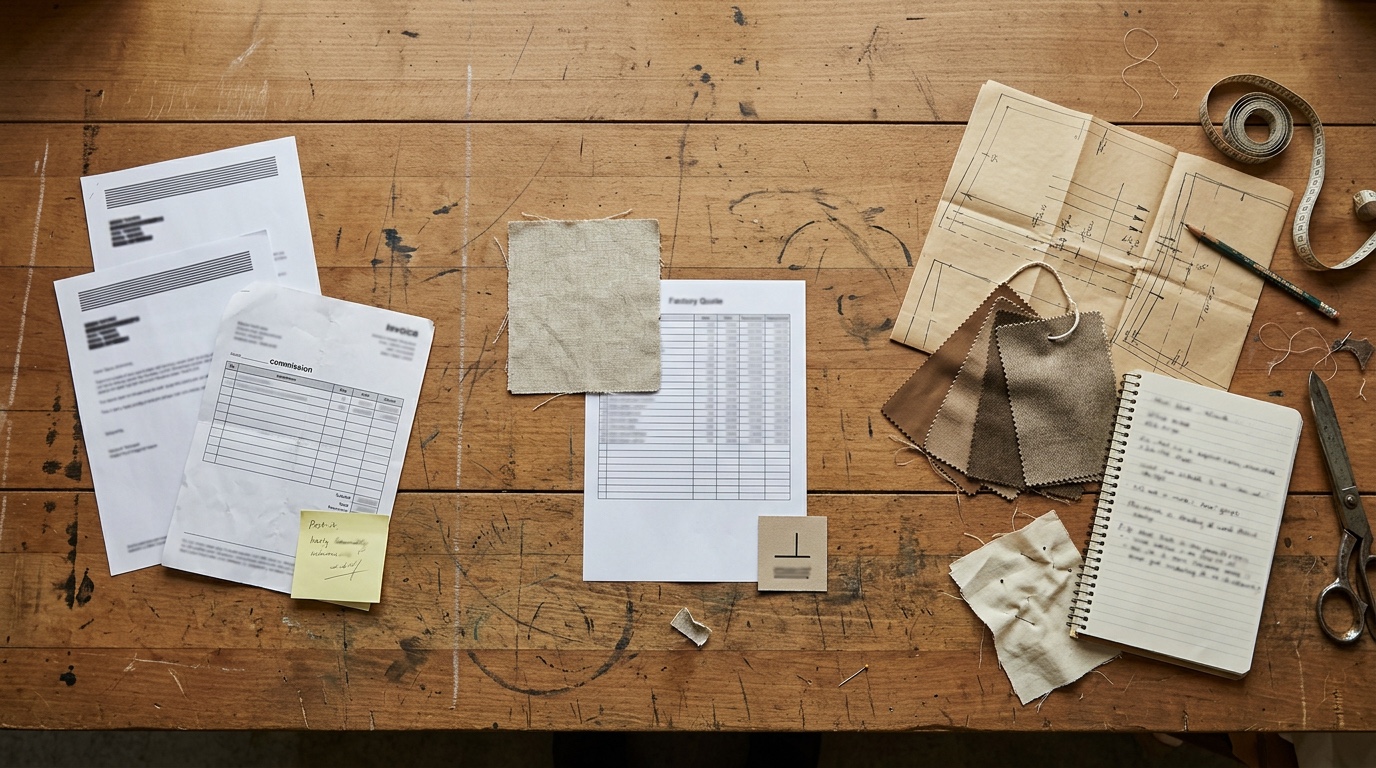 Three partnership models laid out on one Hangzhou pattern table — paper-only sourcing-agent stack on the left, a factory quote sheet with one isolated swatch in the middle, and Deepwove's in-house pattern paper, mixed-texture swatch hanger, mill comparison notes, and half-pinned muslin toile on the right.