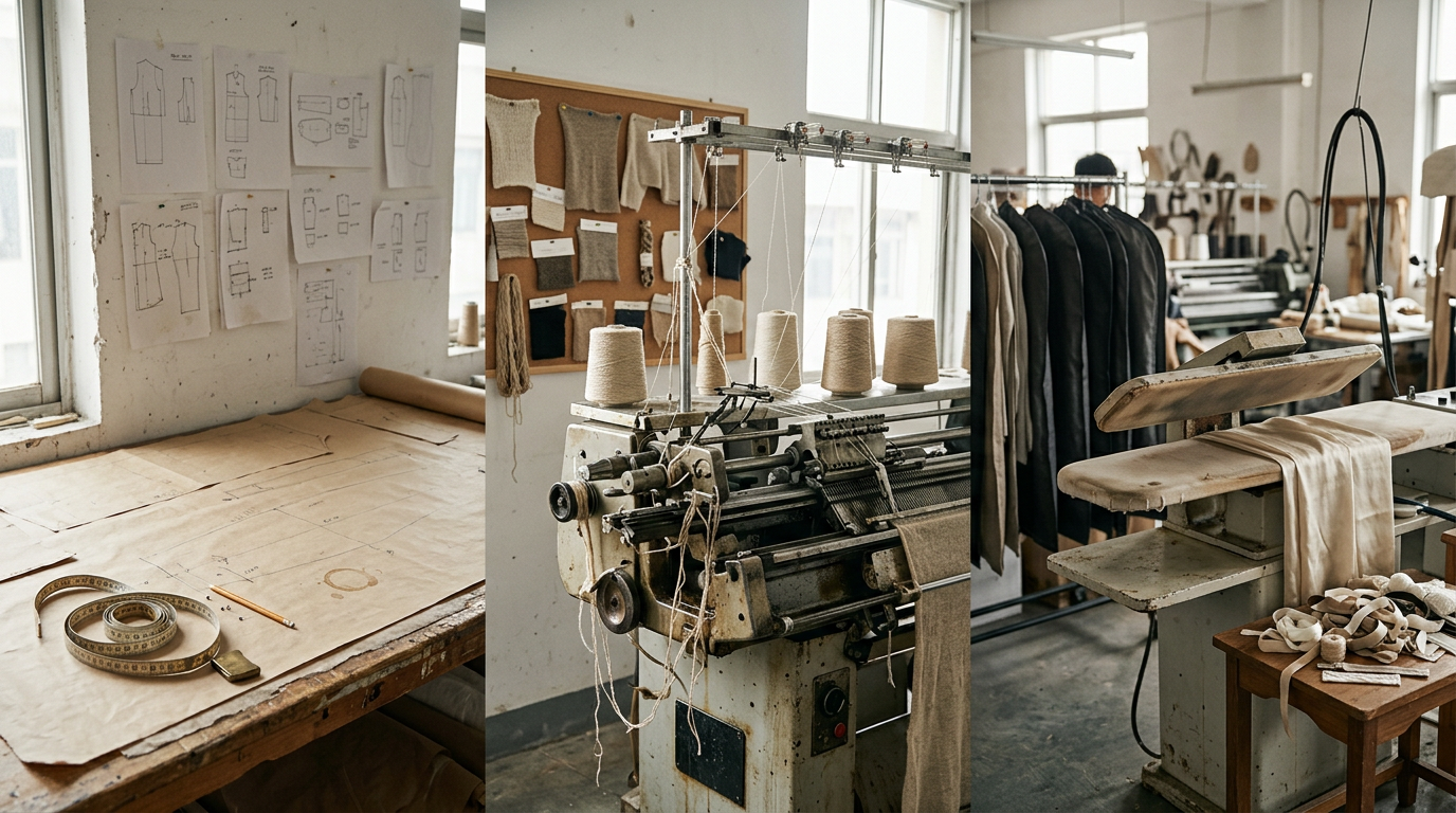 Three specialized manufacturing workshops in Deepwove's group side by side — a woven dress pattern room with worn butcher paper and technical drawings, a dedicated knit workshop with industrial knitting machine and yarn spools, and a silk specialty pressing station with draped fabric — photographed across one production week in Hangzhou