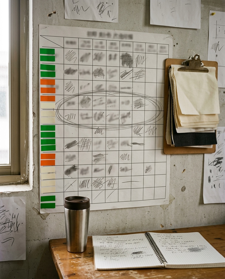 A production wall calendar in a Hangzhou pattern room, mid-cycle — the current week circled in graphite, a column of sample-approval stickers running down one side, a stack of fabric headers clipped to a board beside it, and a thermal mug of tea cooling next to handwritten lead-time notes on grid paper.