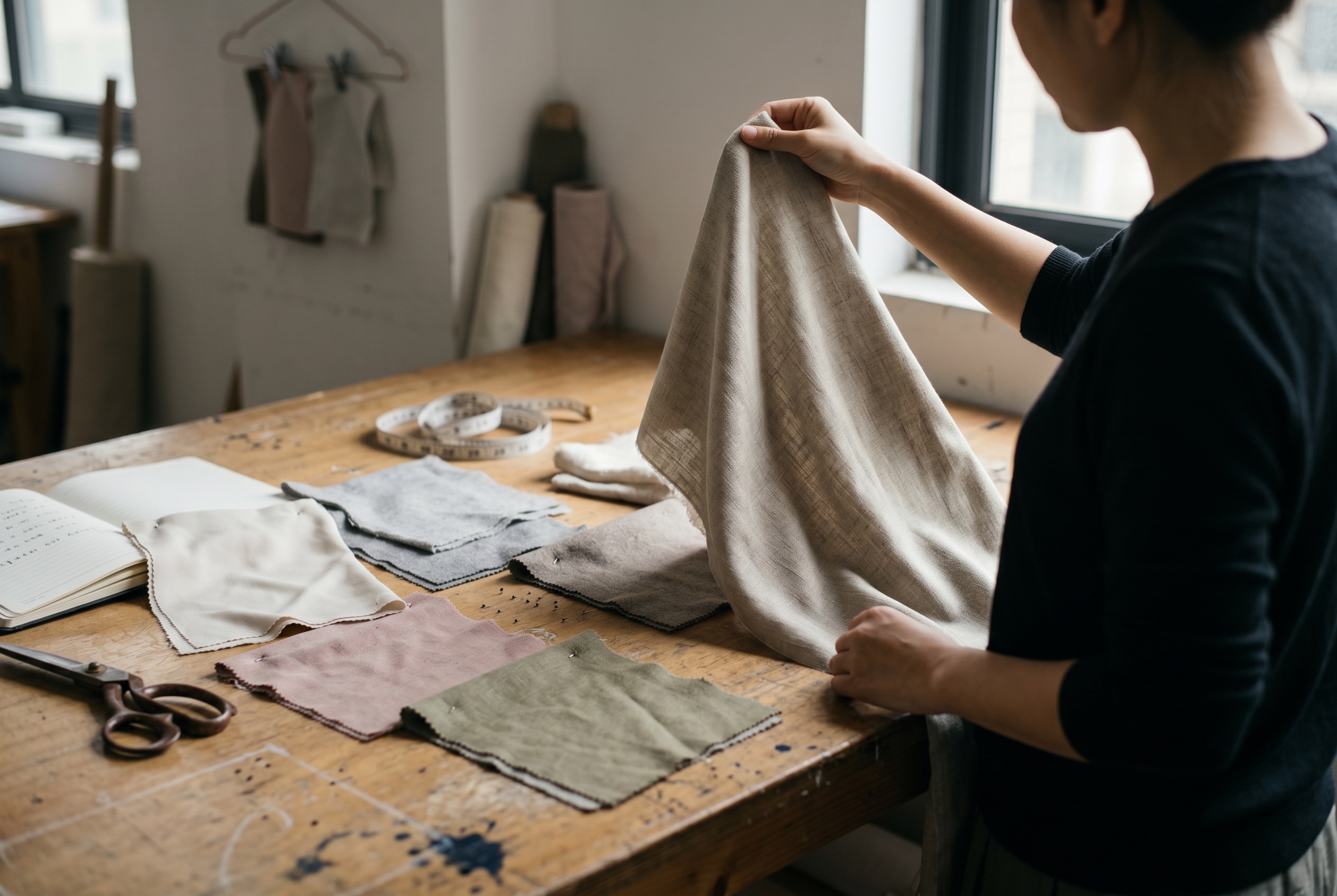 A Deepwove fabric sourcing specialist evaluating drape on a single fabric piece in Hangzhou, six to eight mixed-texture swatches scattered across the work table beside an open notebook — fabric direction handled in-house, not relayed through procurement.