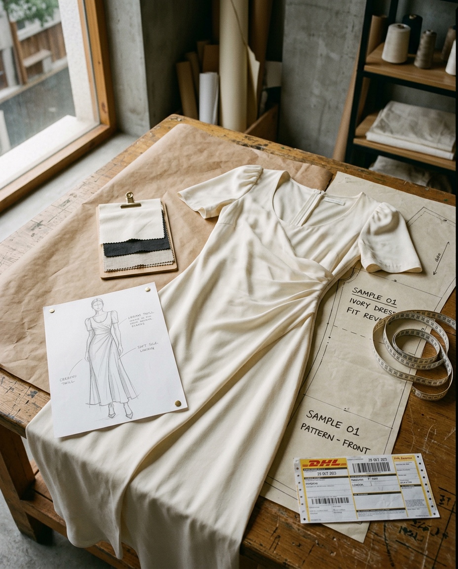 A founder's-eye view of the first physical sample on a Hangzhou pattern room table — a soft ivory dress laid flat across butcher paper with the original sketch pinned beside it in graphite, a small stack of fabric headers in cream and charcoal clipped to a board, a measuring tape coiled at the edge, and a courier slip from DHL Express tucked under the corner of the pattern.