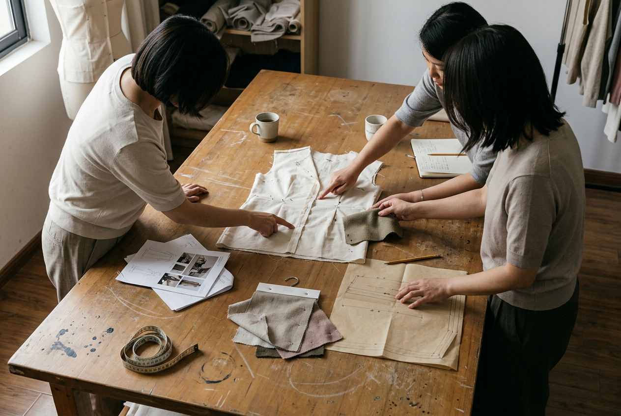 Three Deepwove specialists — designer, pattern maker, and fabric sourcing specialist — gathered around one worked-in atelier table in Hangzhou, mid-conversation over a half-pinned cotton toile with mood board, pattern paper, and fabric swatches in frame — the integrated ten-person team in one decision moment, not a stacked relay.