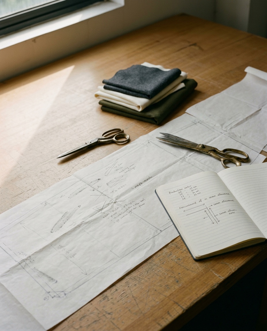 A Hangzhou pattern room captured mid-revision — pattern paper spread across a worn wooden cutting table with visible pencil correction marks, a small stack of folded fabric swatches in charcoal, ivory, and deep olive, brass-handled scissors with patina, and an open notebook showing handwritten production notes on seam allowances. Soft 4pm window light entering from the left.
