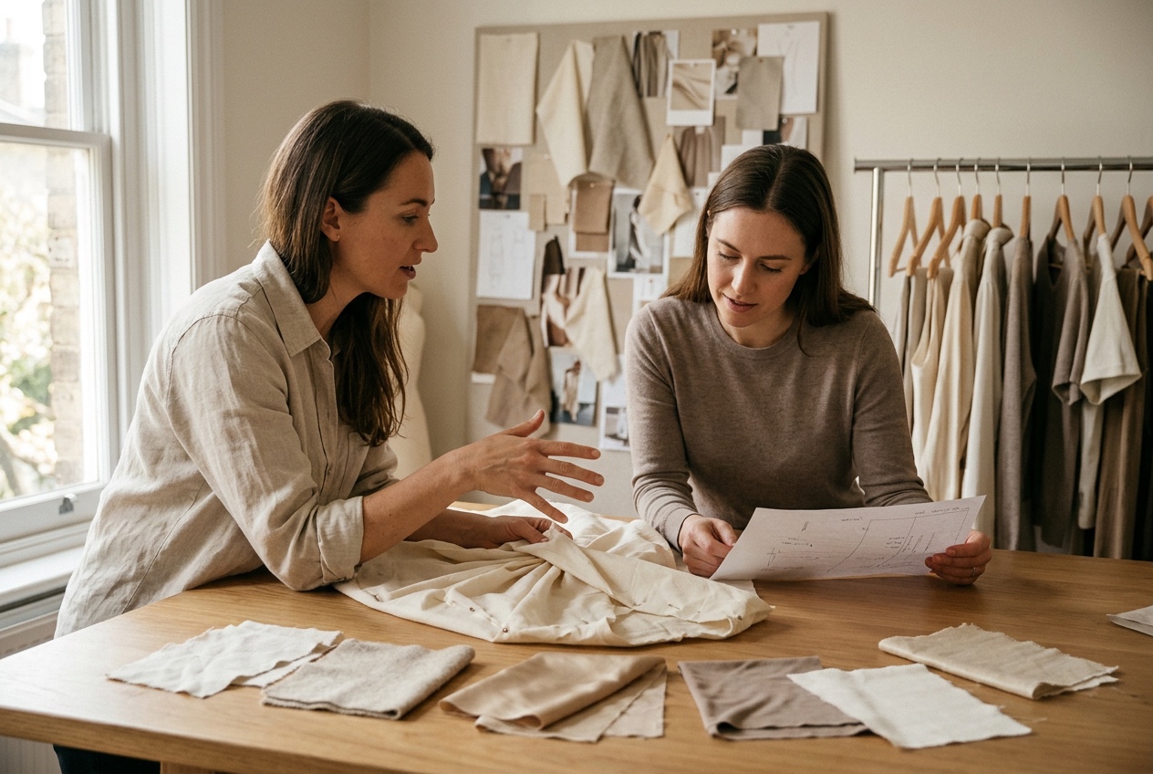 Deepwove designers and pattern makers in a Hangzhou atelier mid-conversation over a half-pinned cotton toile — the in-house development moment where a founder's vision becomes a garment.