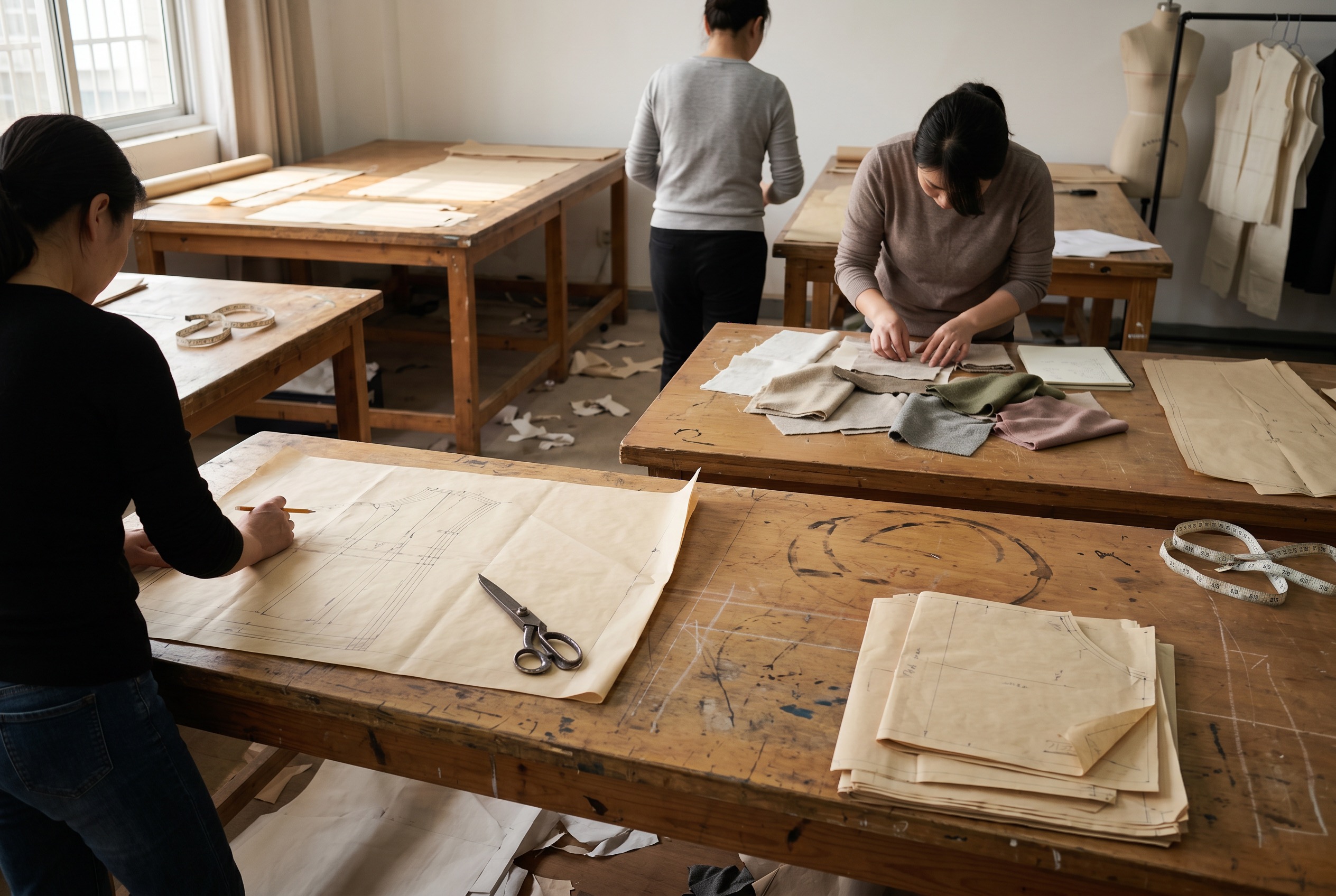 Three to four pattern makers working at separate wooden tables in Deepwove's Hangzhou pattern room, pattern paper sheets and mixed-texture fabric swatches scattered across the workstations — the spatial reality of a ten-person in-house product development team.