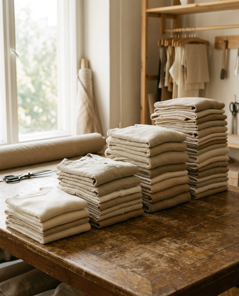 Four stacks of folded premium womenswear garments in cream and oat tones on a Hangzhou pattern room table, progressing from smallest to tallest to visualize 100, 300, 500, and 1000 piece production run tiers — the per-piece economics of small batch manufacturing.