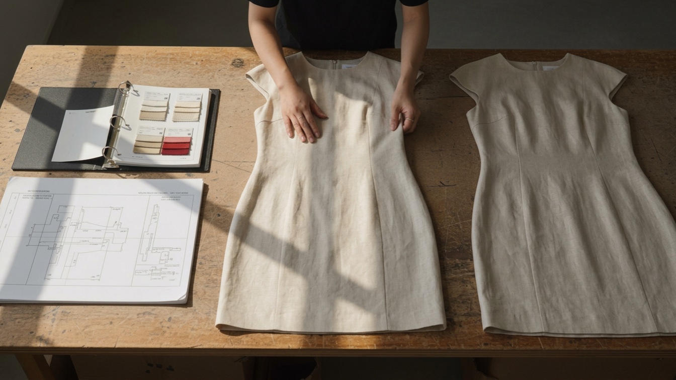A premium womenswear quality-control inspection table inside a Hangzhou development studio — a white cotton dress with a red embroidered scalloped hem laid beside an open binder of archived dye-lot lab dips and color swatch cards, a graded placement mark-up sheet, and a second identical sample placed alongside for side-by-side reorder consistency comparison.