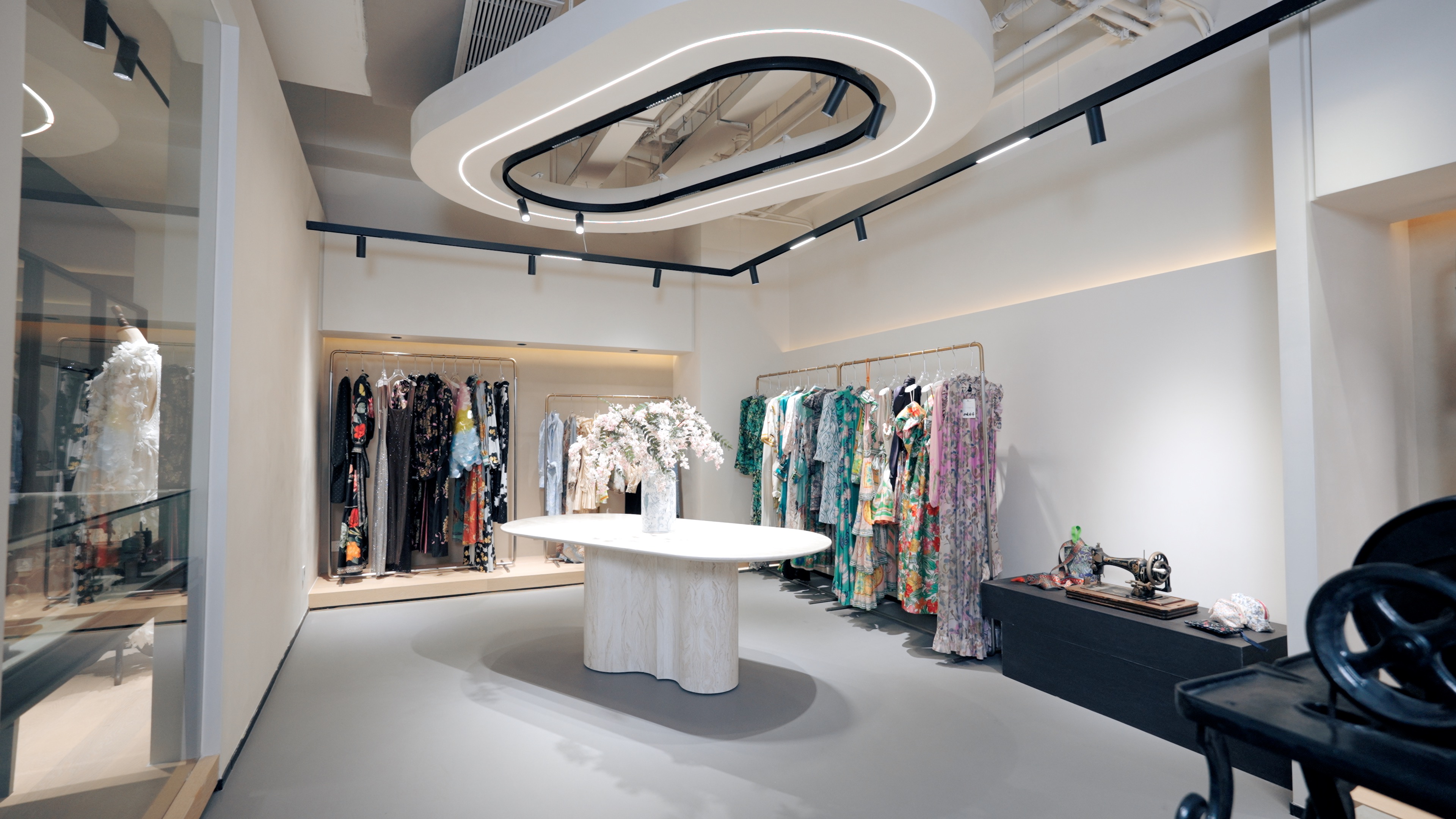 Womenswear showroom with sample collections on display