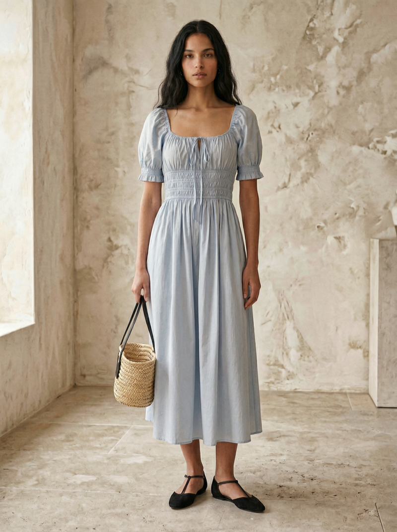 Smocked cotton midi dress