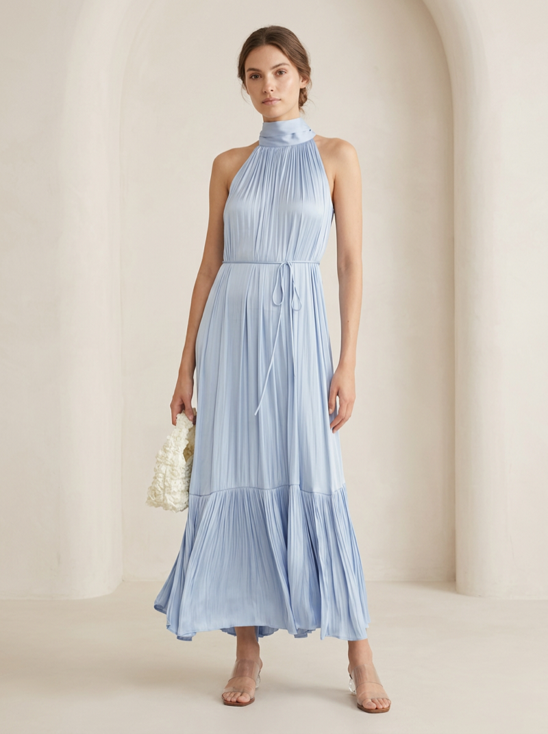 Pleated halter maxi dress, premium womenswear production