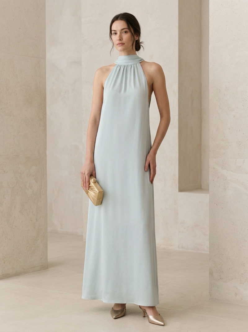 Sage green halter maxi dress in crepe, premium occasionwear development sample