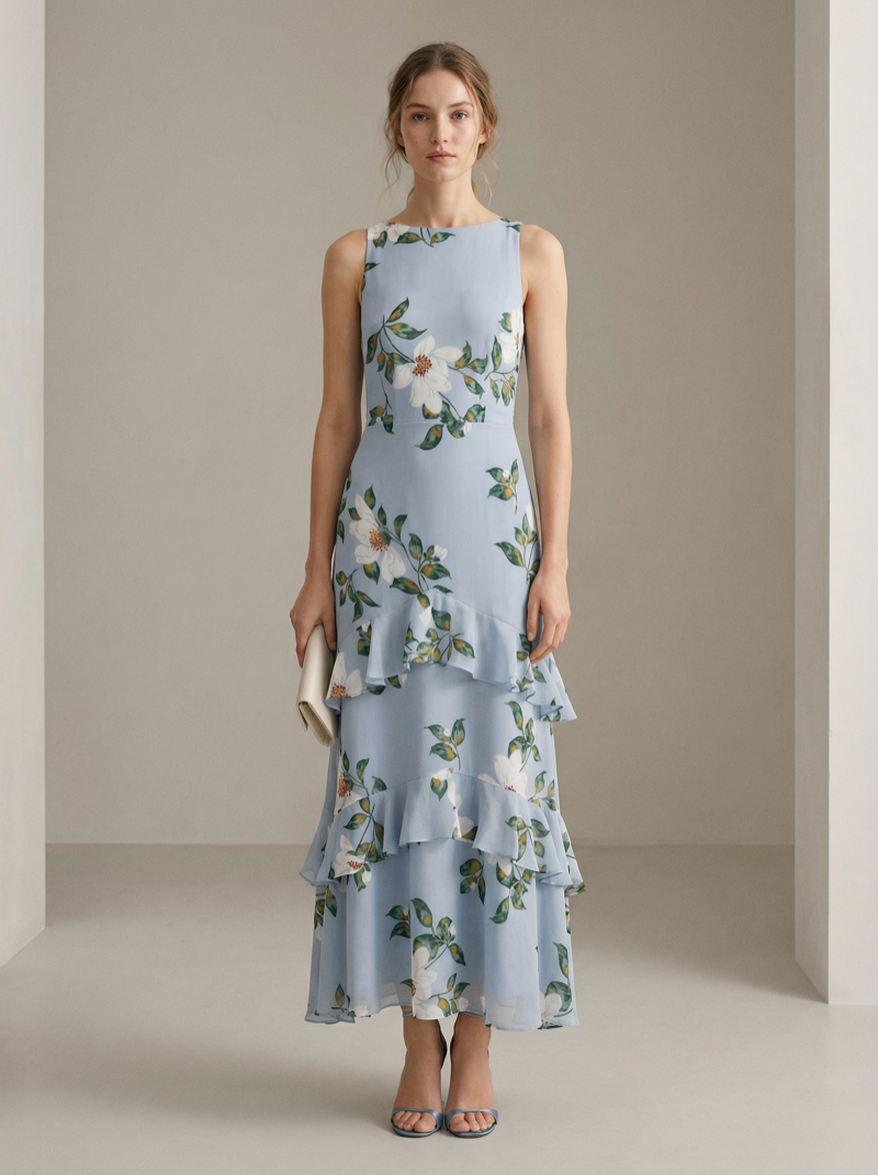 Floral print maxi dress, placement-print womenswear sample