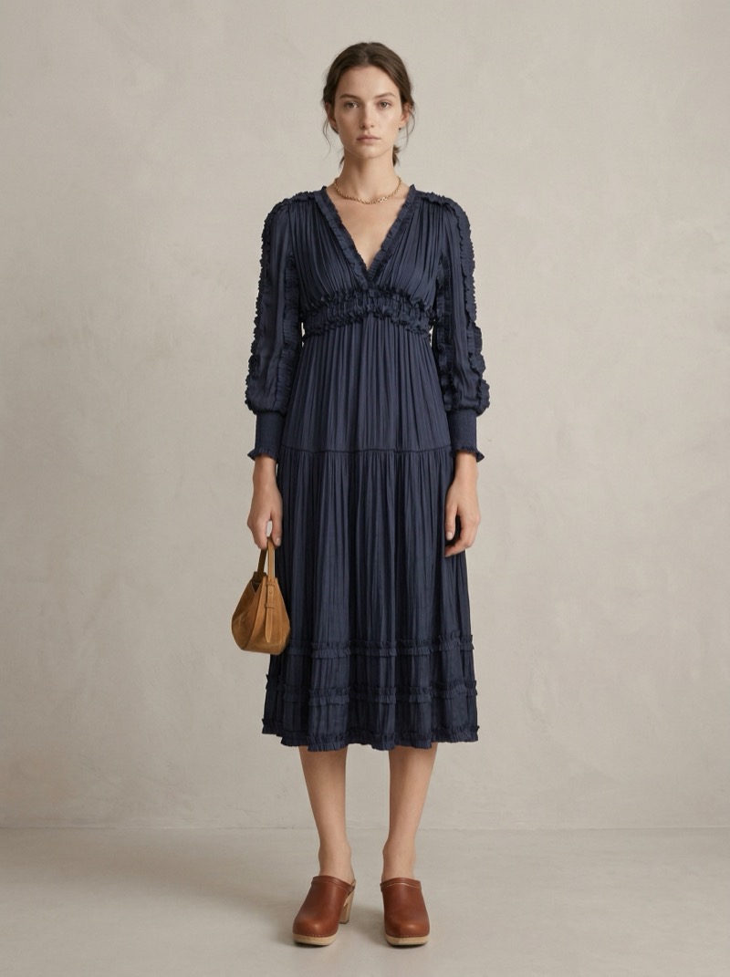 Navy tiered midi dress, premium womenswear production