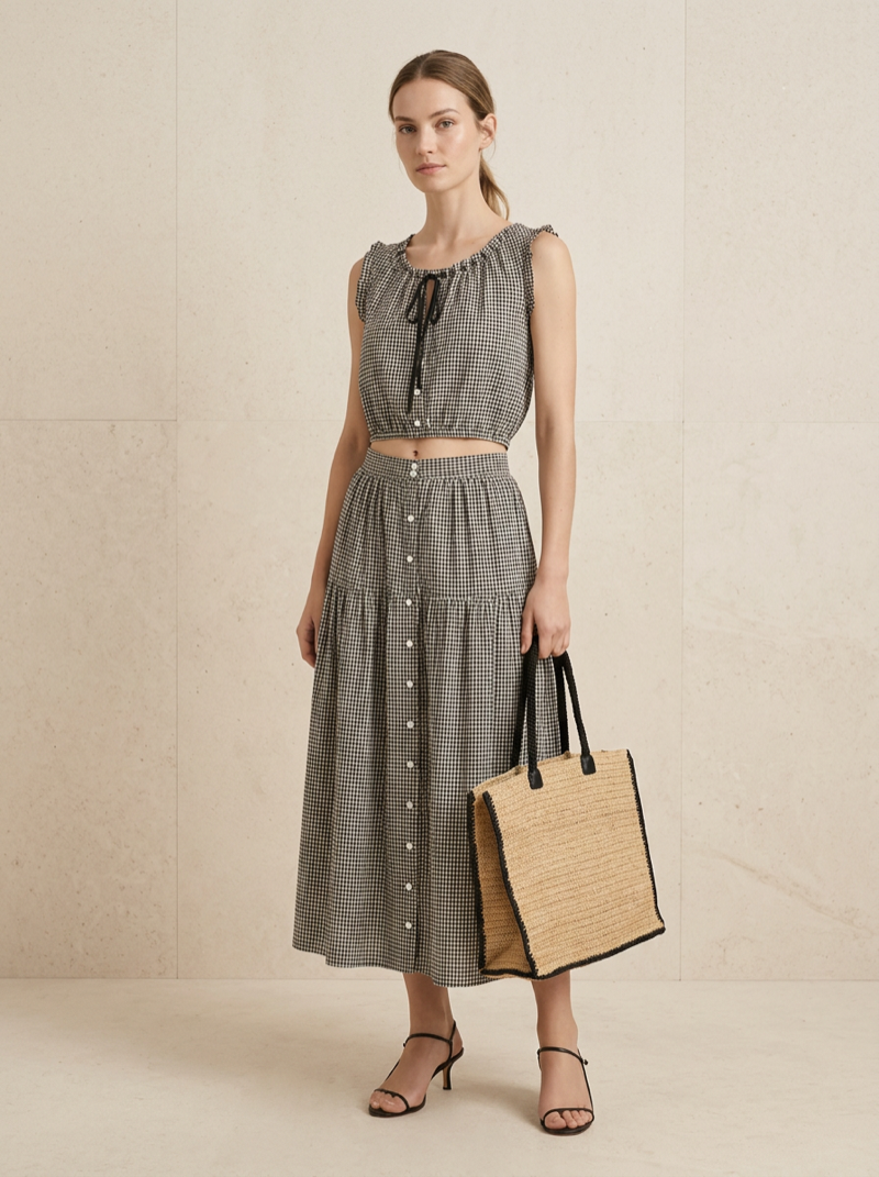 Gingham print co-ord set — matching top and tiered skirt