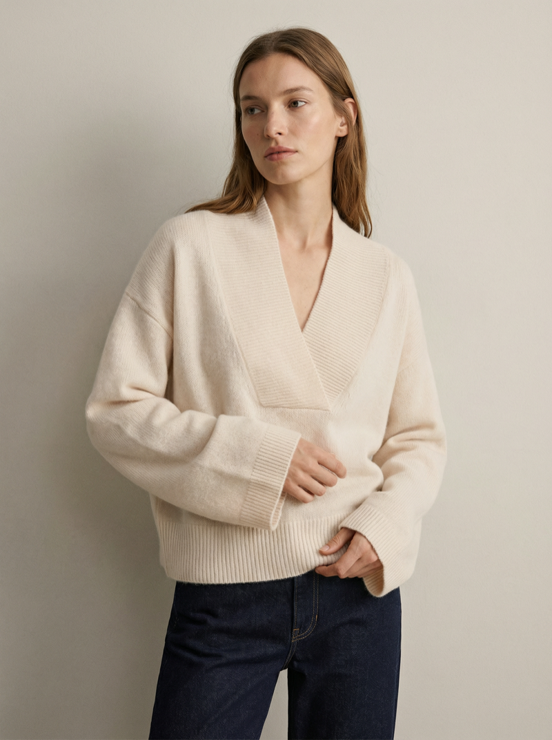 Cashmere V-neck sweater, premium knitwear production