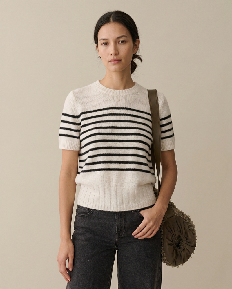 Striped short-sleeve knit top in cotton blend