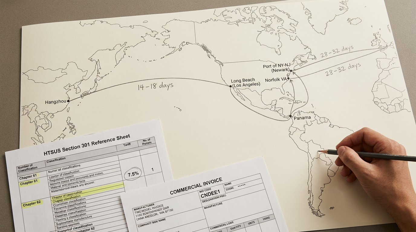 A working-session shot of a Hangzhou-to-North-America shipping map laid flat on a Deepwove workshop table — port markers on Long Beach, Newark, and Norfolk, with a thread connecting Ningbo and Shanghai to each US destination, a printed Section 301 HTSUS reference sheet and a commercial invoice draft in MID code format beside it, a Deepwove account contact's hand annotating transit days in pencil.