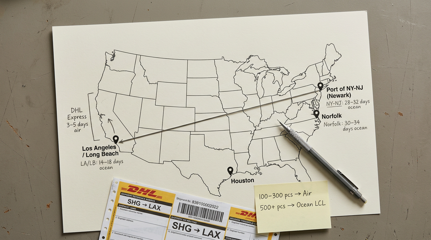 A printed North American port routing map on the Deepwove workshop table — Los Angeles, Long Beach, New York-Newark, Norfolk, and Houston marked with transit-day annotations, a steel ruler tracing the Ningbo-to-LA Pacific direct route, with a folded DHL air waybill and a sample 200-piece silk dress run packing list beside it showing the air-versus-ocean decision threshold.