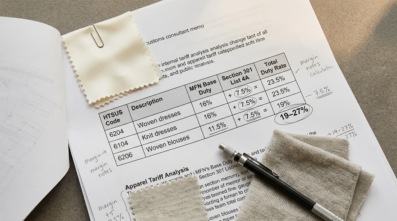 A working tariff comparison spread on the Hangzhou workshop table — a printed HTSUS classification reference open to Chapter 61 and 62, three highlighted rows for woven dresses, knit dresses, and woven blouses with MFN and Section 301 rates calculated in margin notes, alongside a folded fabric swatch of mid-momme silk satin and a fine-gauge merino knit panel that anchor the categories to actual Premium DTC product.