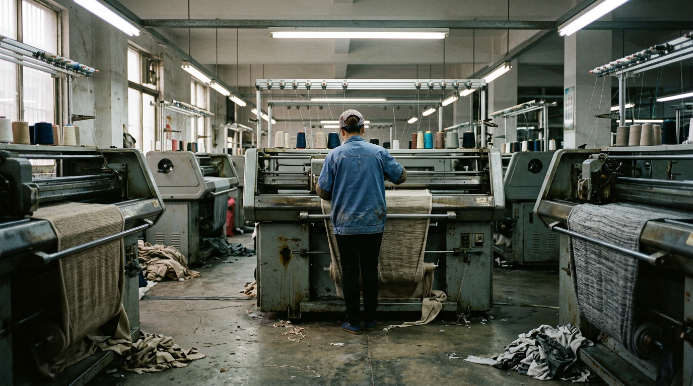 Hangzhou-Tongxiang knit mill interior — fully-fashioned knit panel production for a premium cashmere pullover. The 5-12gg gauge range covers most premium knitwear constructions Deepwove handles.