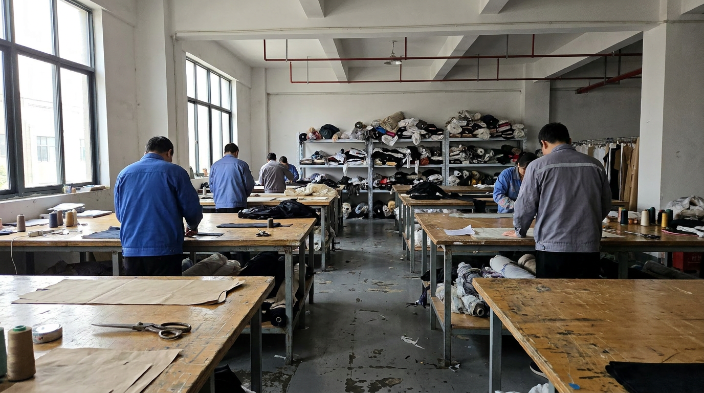 Deepwove Hangzhou workshop interior wide shot — pattern tables in foreground, fabric racks middle, sewing line beyond. The full development-to-production environment for premium womenswear, captured in one frame.