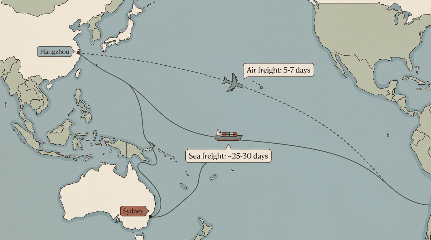 Hangzhou to Sydney shipping route map showing sea freight 25-30 days and air freight 5-7 days for Australian fashion brands working with Chinese clothing manufacturers