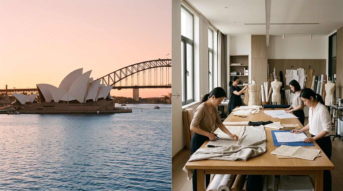 Sydney harbour and Hangzhou pattern-making workshop split-screen showing Deepwove's transpacific manufacturing partnership for Australian premium DTC brands