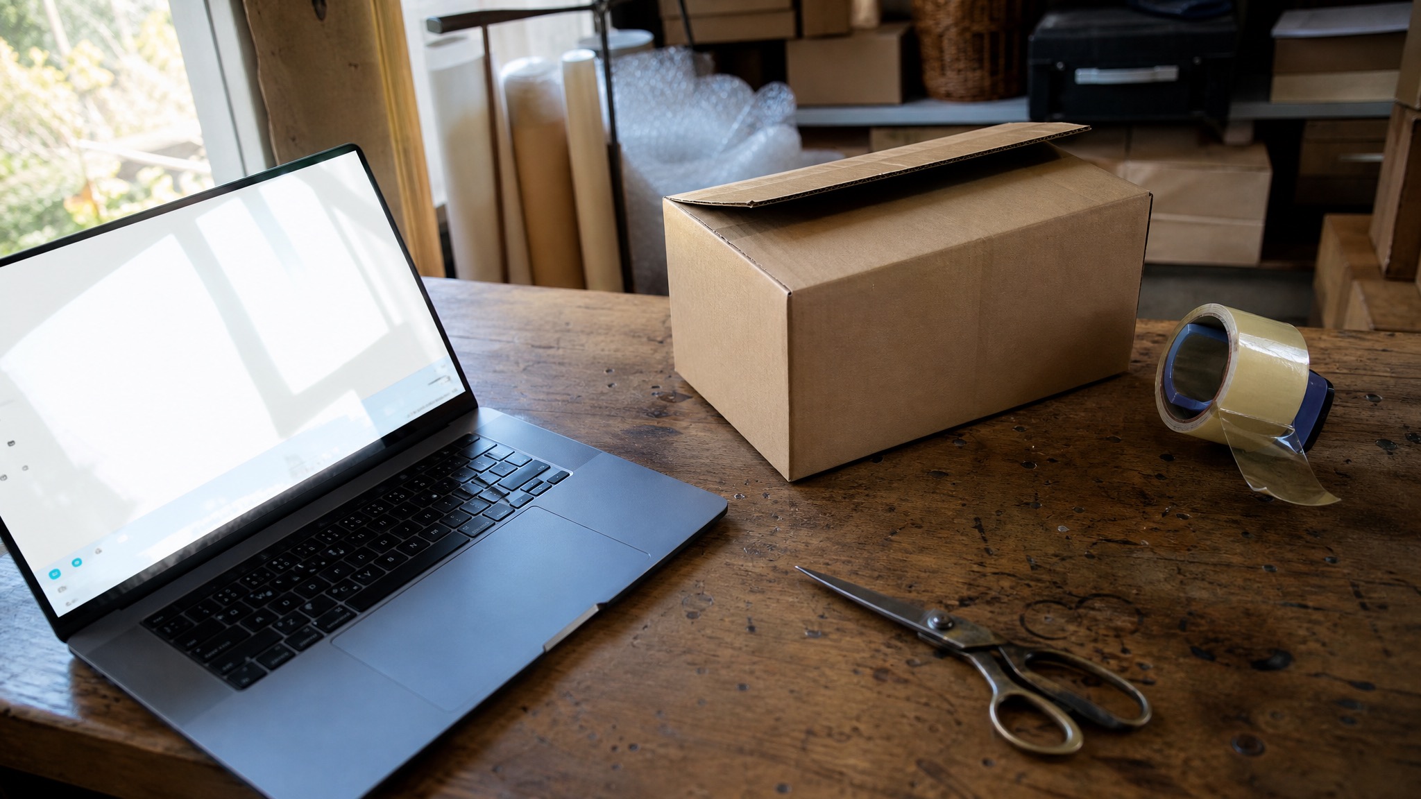 Small DTC brand back-office fulfillment scene: laptop with window glare, partially open carton box, packing tape, scissors on a worn wooden desk — illustrating brand-side fulfillment from a Shopify brand's own location, not from Deepwove's manufacturing in Hangzhou.