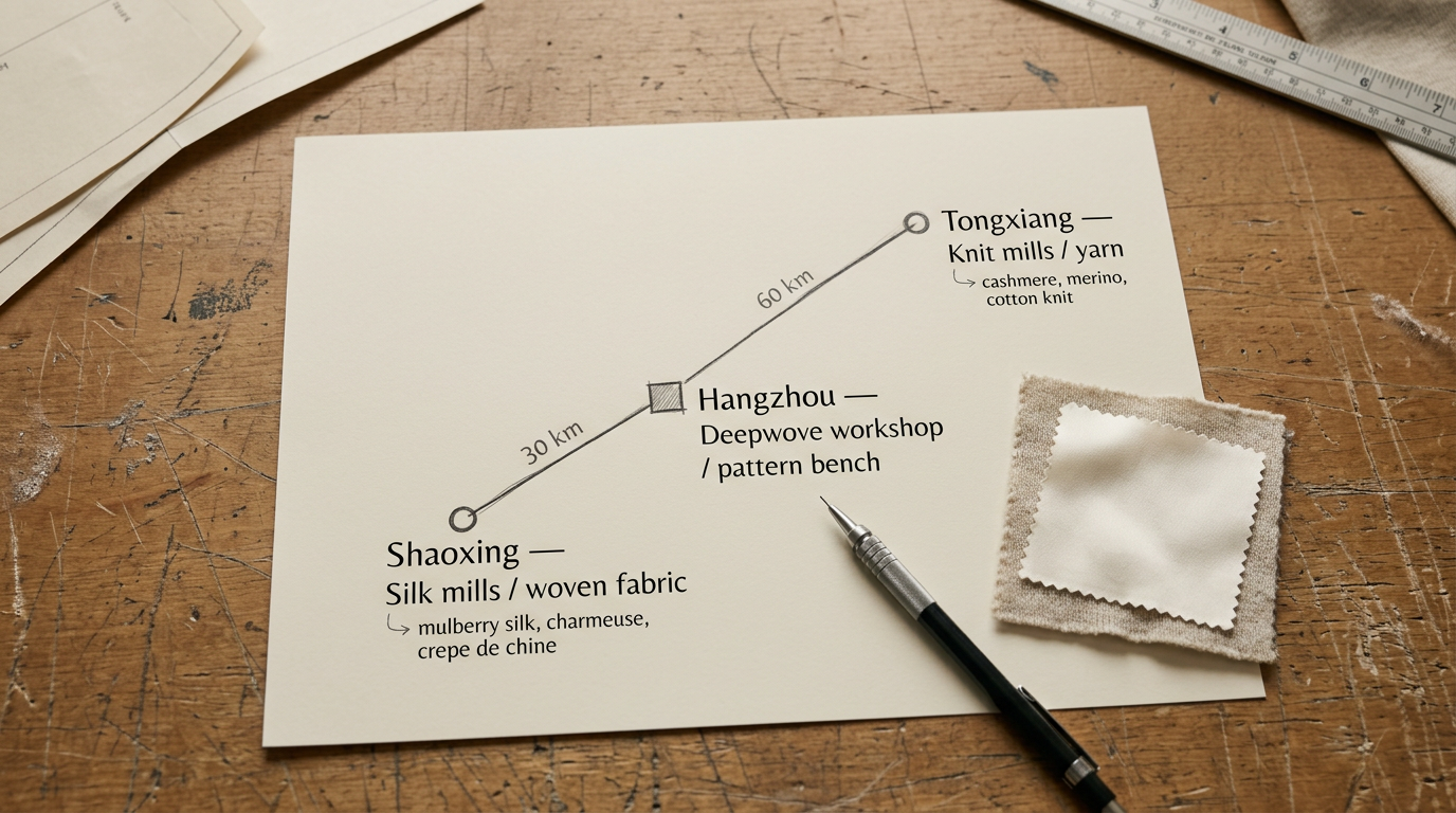Map showing the 30-kilometer corridor between Deepwove's Hangzhou workshop, the Shaoxing silk mill cluster to the south, and the Tongxiang knit mill cluster to the north, with key fabric mill locations annotated