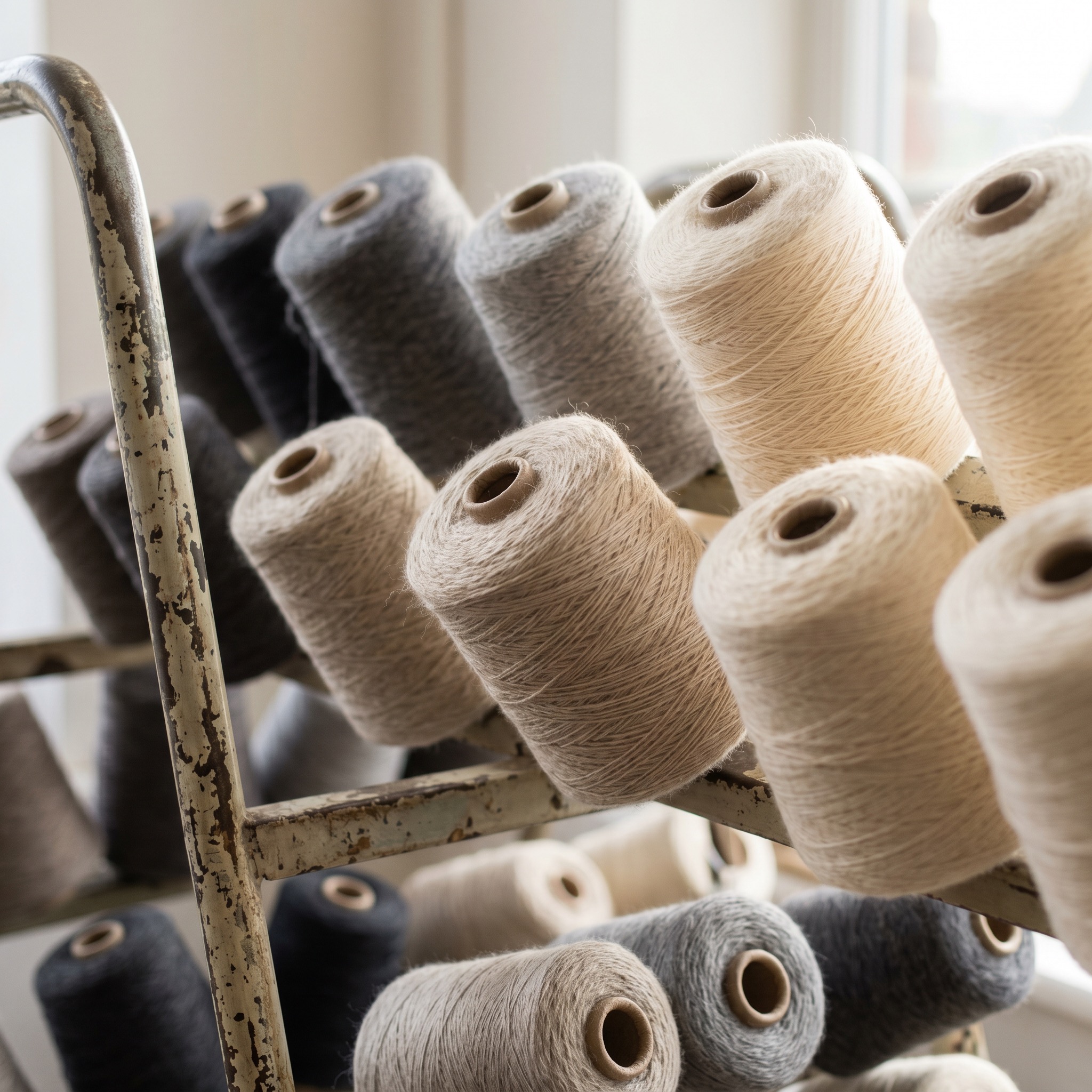 Cashmere yarn stock at a Tongxiang knit facility — premium yarn sourced for Deepwove knitwear production, showing the depth of raw material access inside the Hangzhou-Tongxiang knit cluster