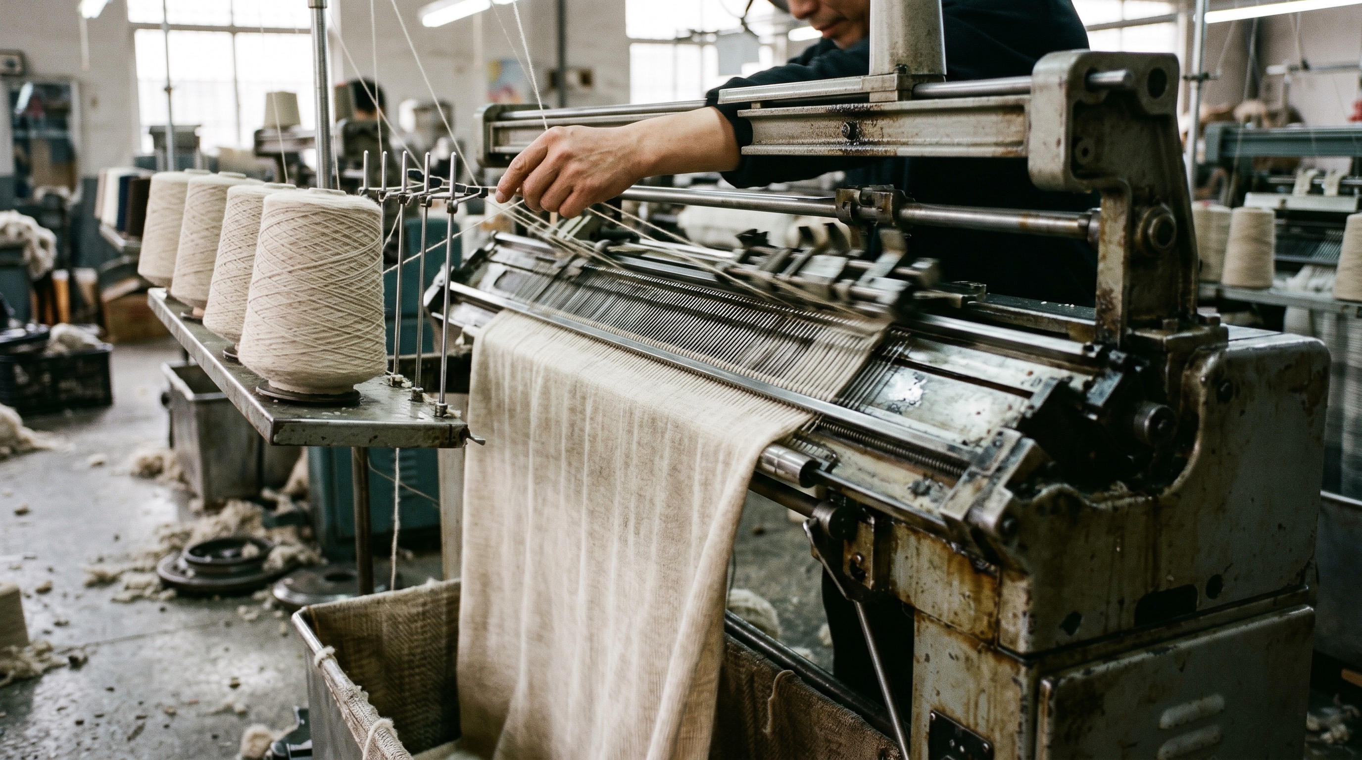 Knitting machine in operation at a Tongxiang mill — Deepwove's knitwear manufacturing capability inside the Hangzhou-Tongxiang knit cluster, producing premium womenswear knitwear from 100 pieces