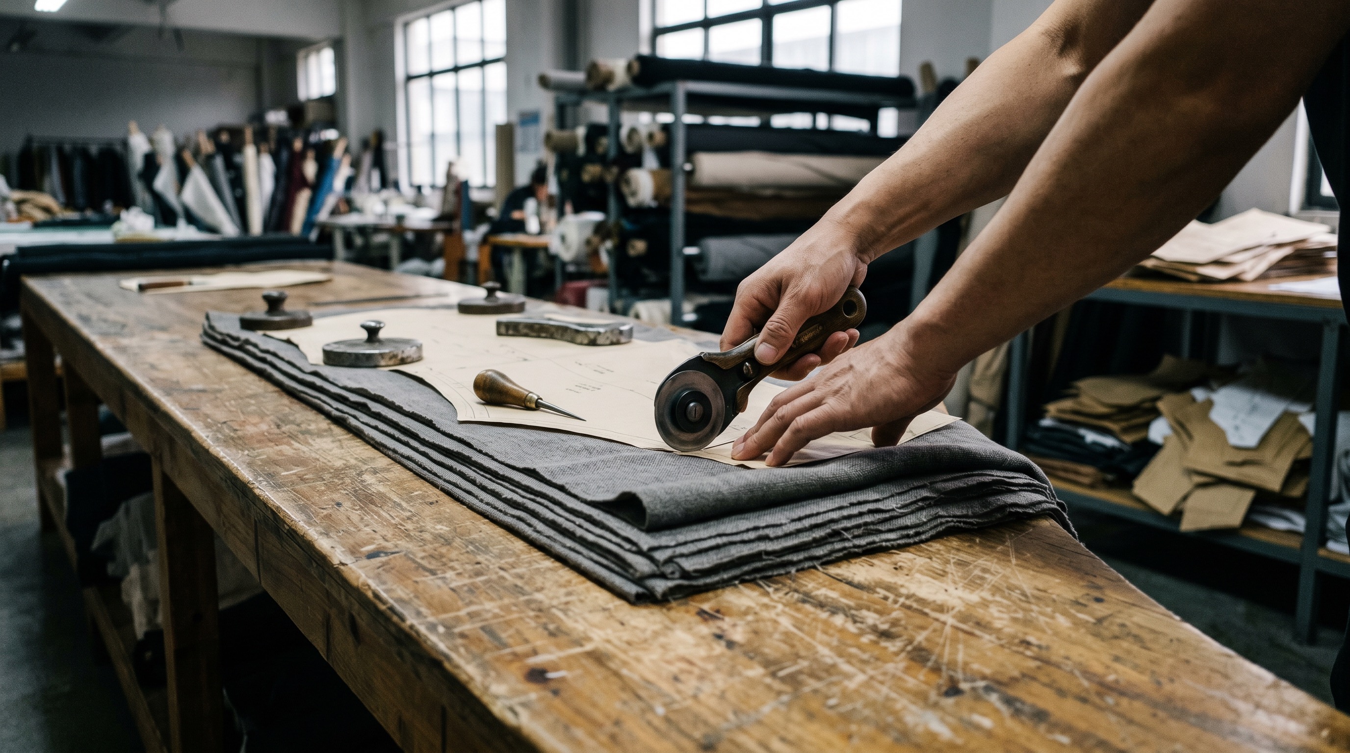 Hangzhou cutting room with fabric stacked for a 100-piece premium womenswear production run — Deepwove's low-MOQ manufacturing capability inside the Zhejiang apparel cluster