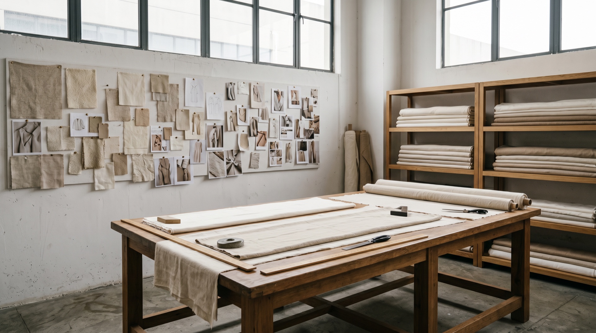 Hangzhou clothing manufacturer workshop interior at Deepwove — large cutting table with cream fabric, mood board with fabric swatches on the wall, and neatly stacked fabric bolts on shelving. The same production floor handles ODM development from moodboard, OEM execution from tech pack, and Ready Styles selection — all at 100-piece minimum order quantity.