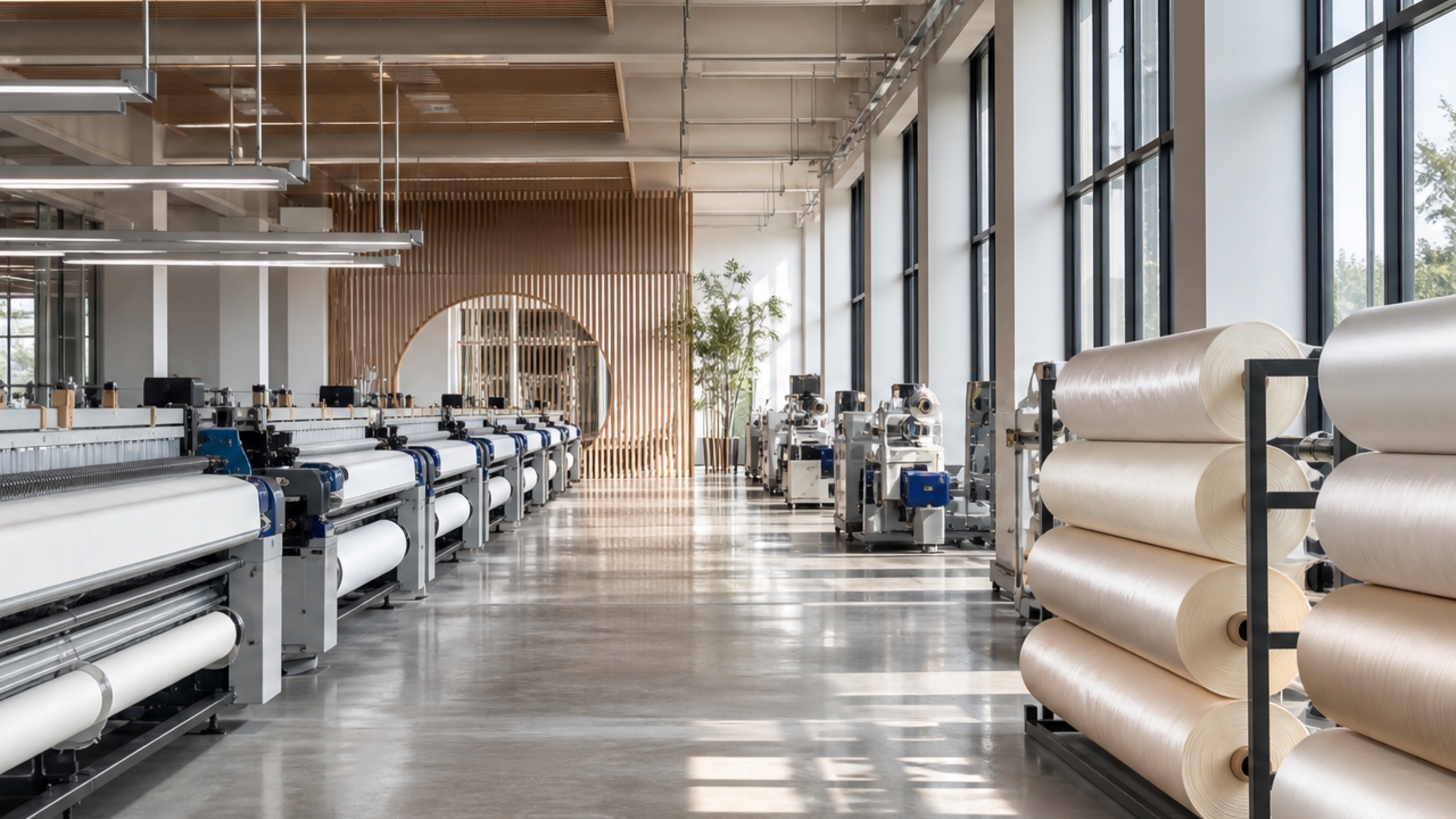 Modern silk weaving workshop interior — bright contemporary production facility with organized silk fabric rolls and weaving equipment, the caliber of premium womenswear manufacturing environment Deepwove operates within in Hangzhou, Zhejiang