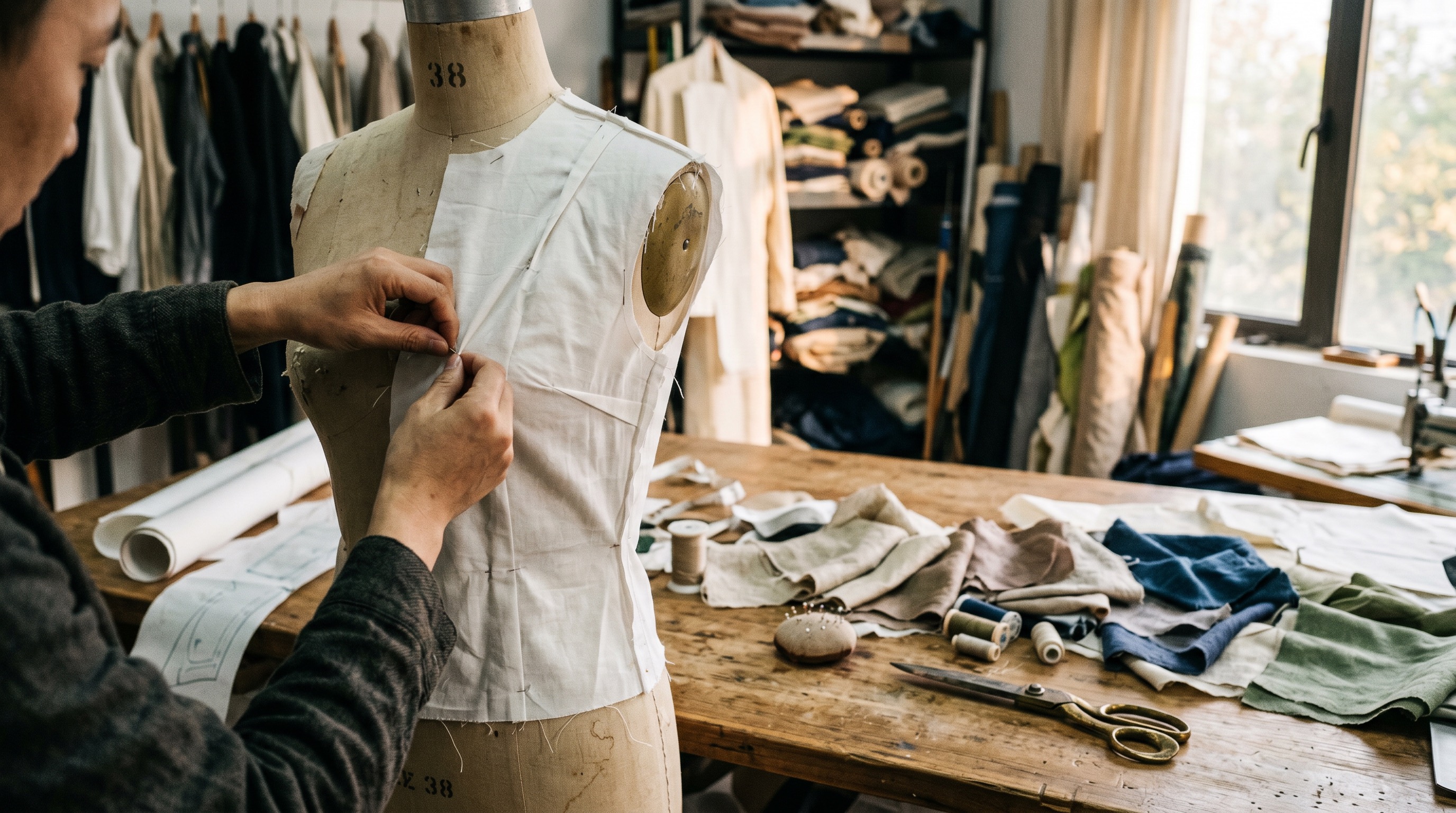 Hangzhou pattern room — a pattern maker working at a large cutting table with fabric draped over a dress form in the background, specialist development environment for Premium DTC womenswear brands