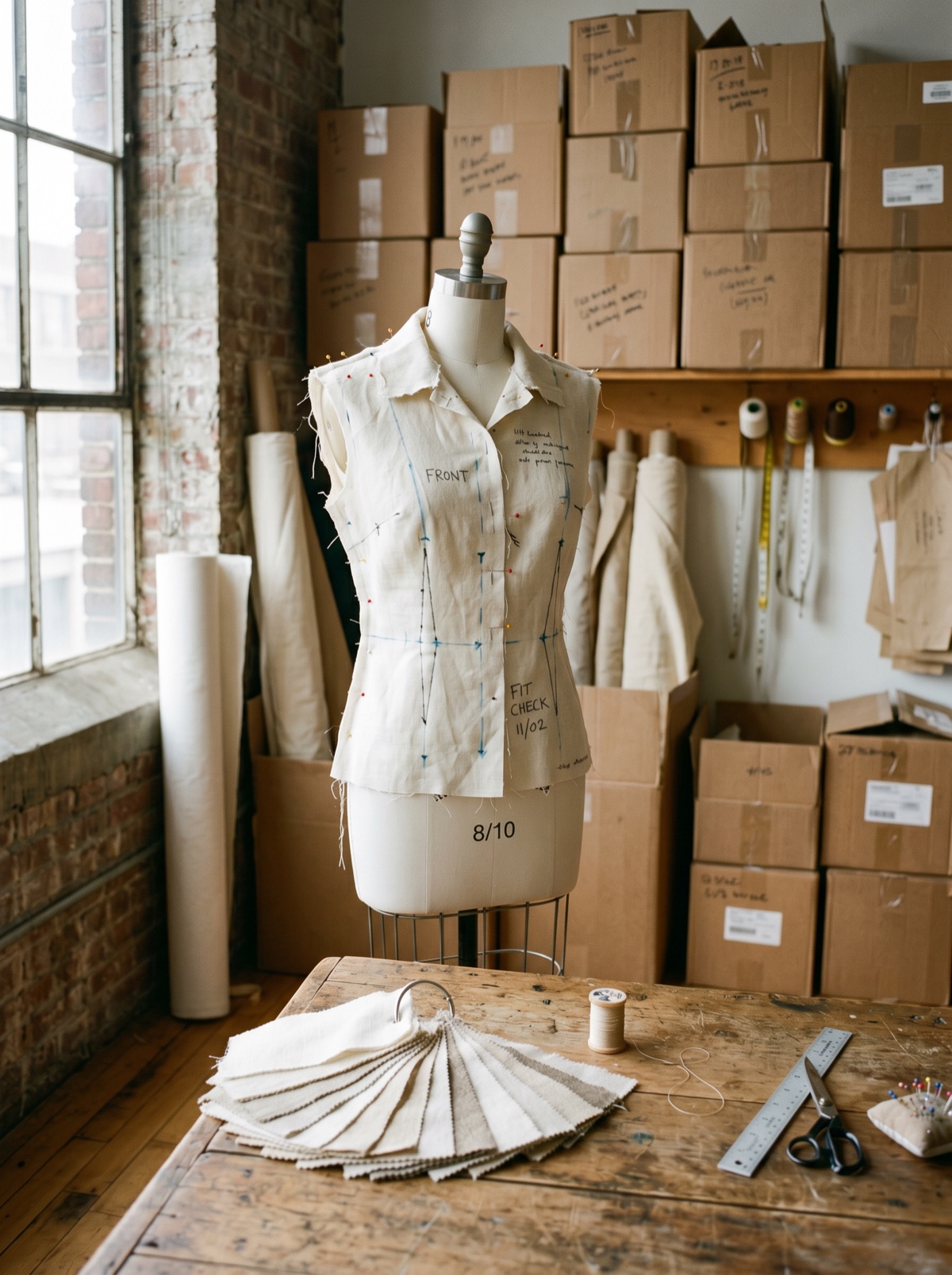 Garment sampling room at Deepwove Hangzhou — dress form with a muslin sample pinned and marked, fabric swatches and thread on the cutting table, shipping cartons in the background. The sampling stage is where the 6-week onboarding clock starts for Shopify DTC brands.