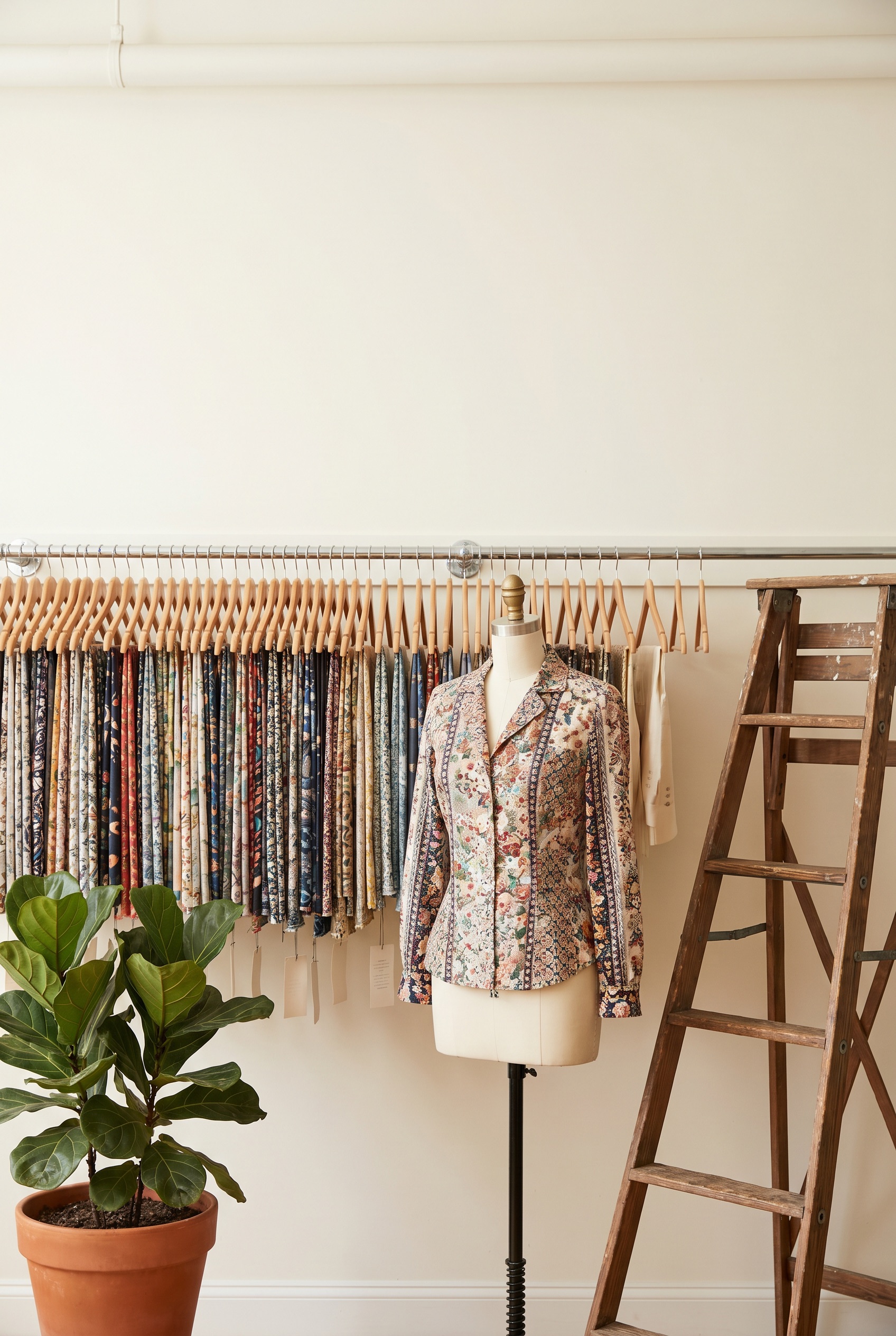 A Deepwove fabric sourcing reference rack inside the Hangzhou workshop showing a variety of silk and silk-blend fabric swatches organized for sourcing reference, with a garment sample on a dress form and a wooden ladder alongside