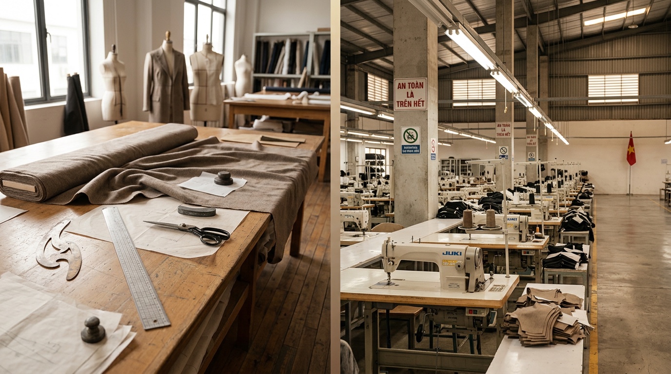Hangzhou pattern-making workshop and Ho Chi Minh City factory split-screen showing Deepwove versus Vietnam clothing manufacturer comparison