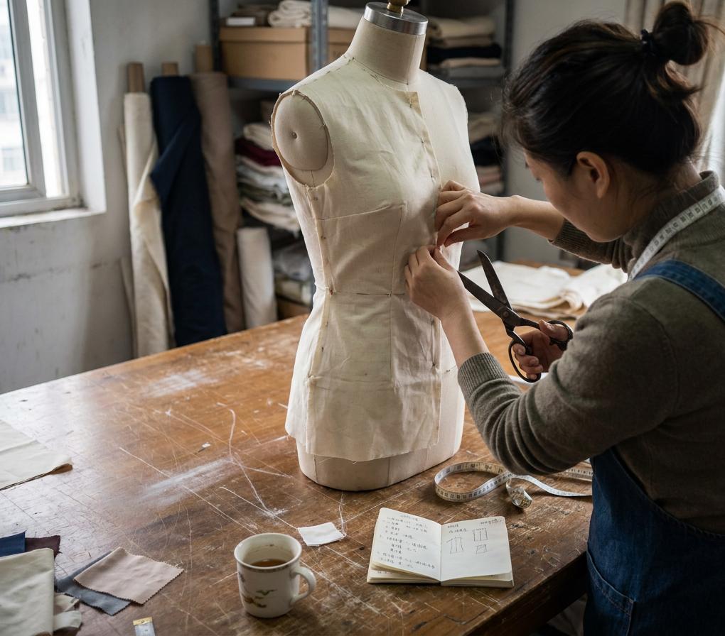 Pattern maker draping a linen sample on a dressmaker's mannequin — scissors and measuring tape beside a fabric stack on a worn wood worktable