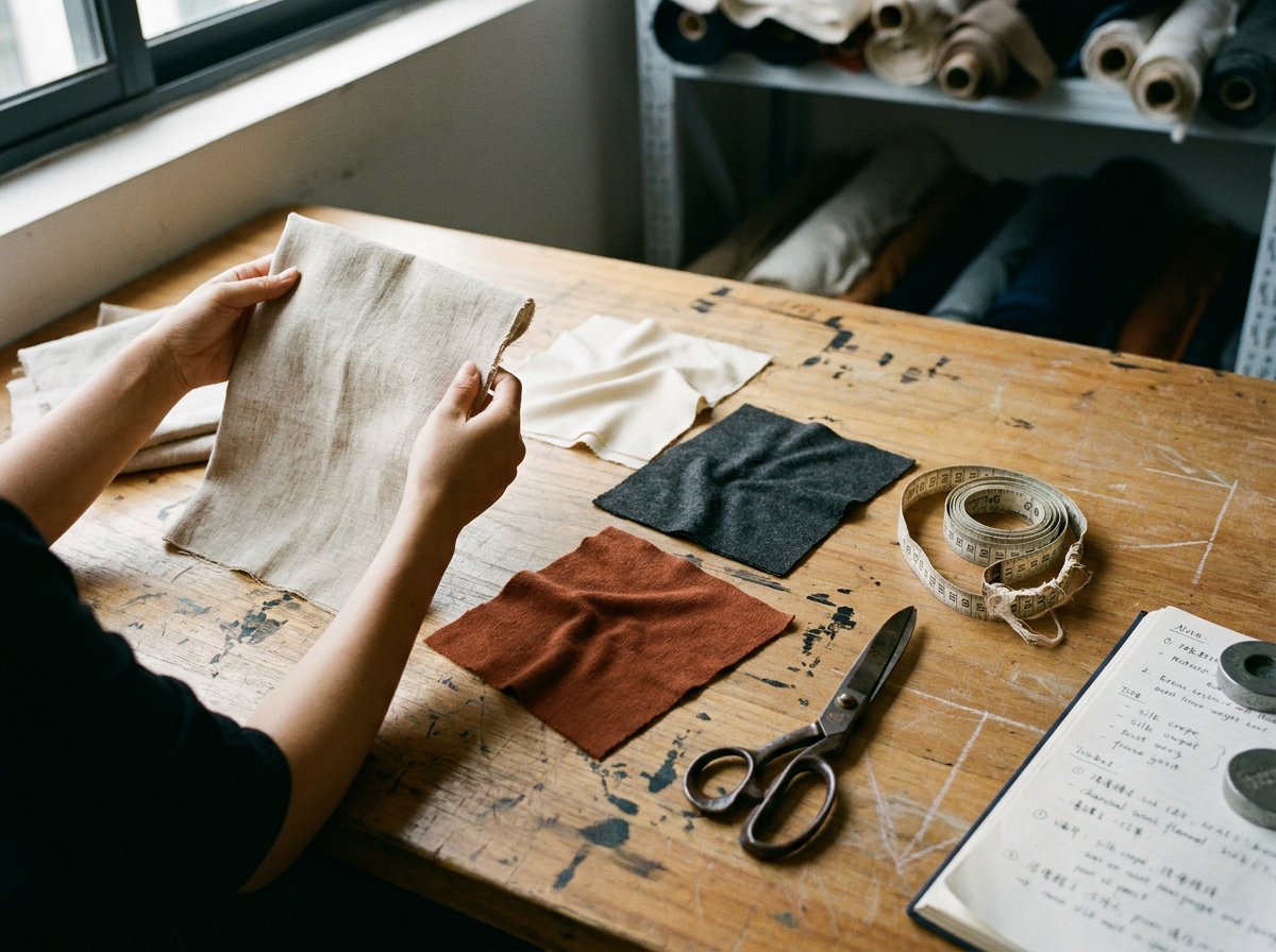Hands inspecting raw linen swatches alongside white silk and grey wool samples on a worn wooden desk with vintage measuring tape