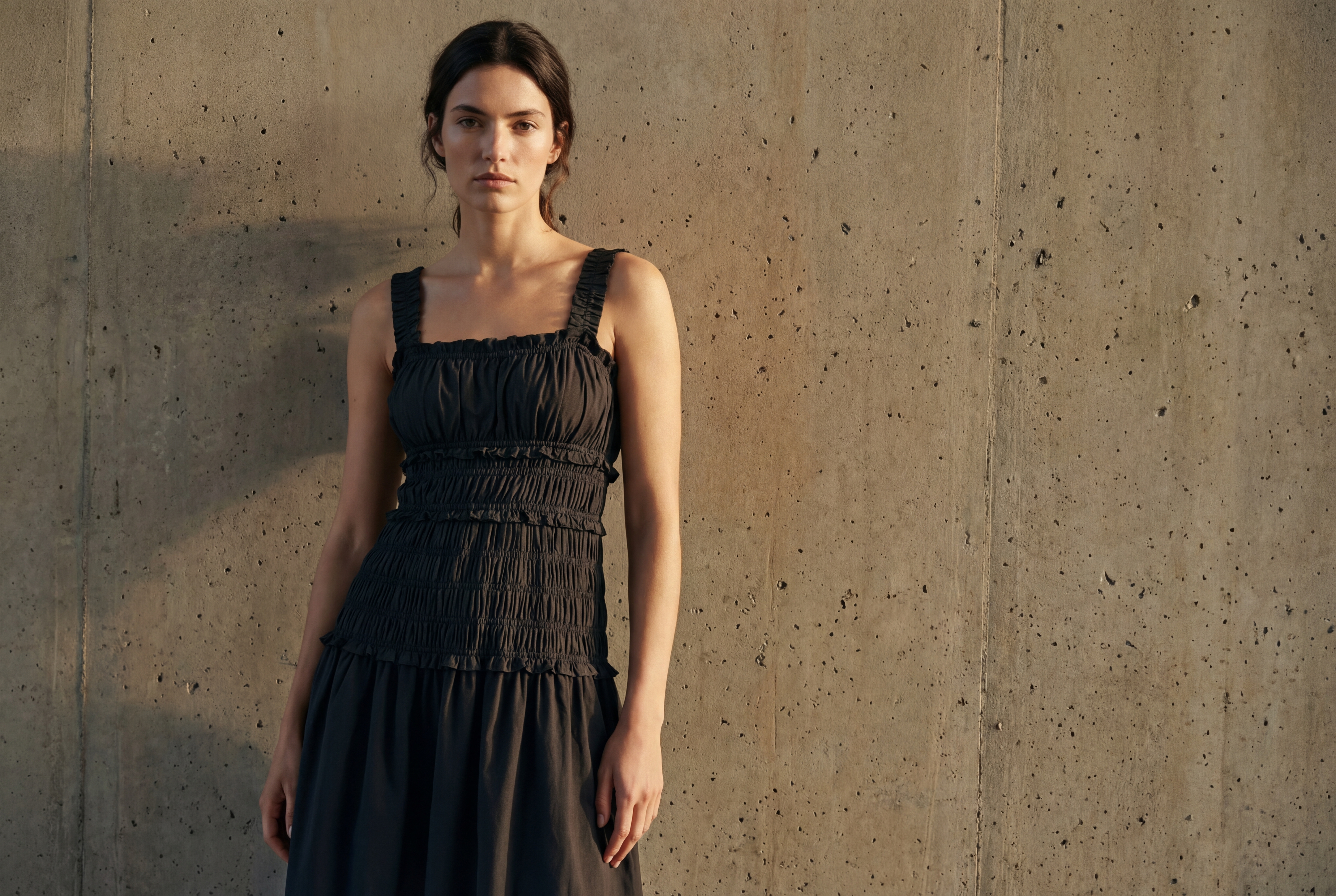 Smocked dress — precision smocking technique, charcoal