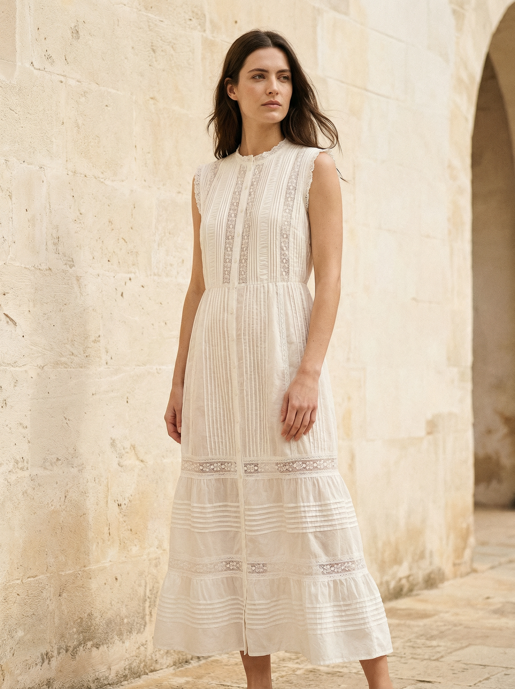 Dresses — pintuck and lace midi dress, ivory