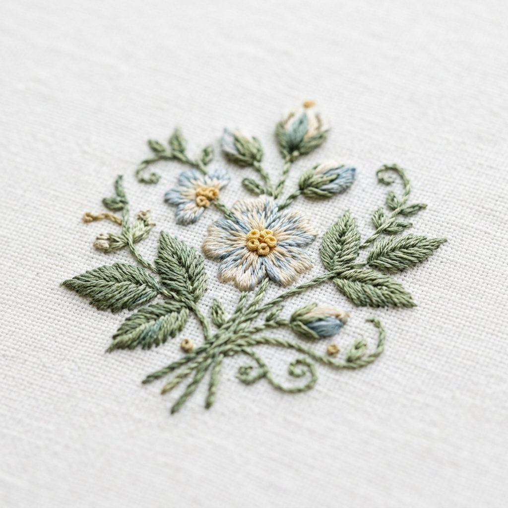 Embroidery detail on womenswear — fine floral embroidery with precise density and placement
