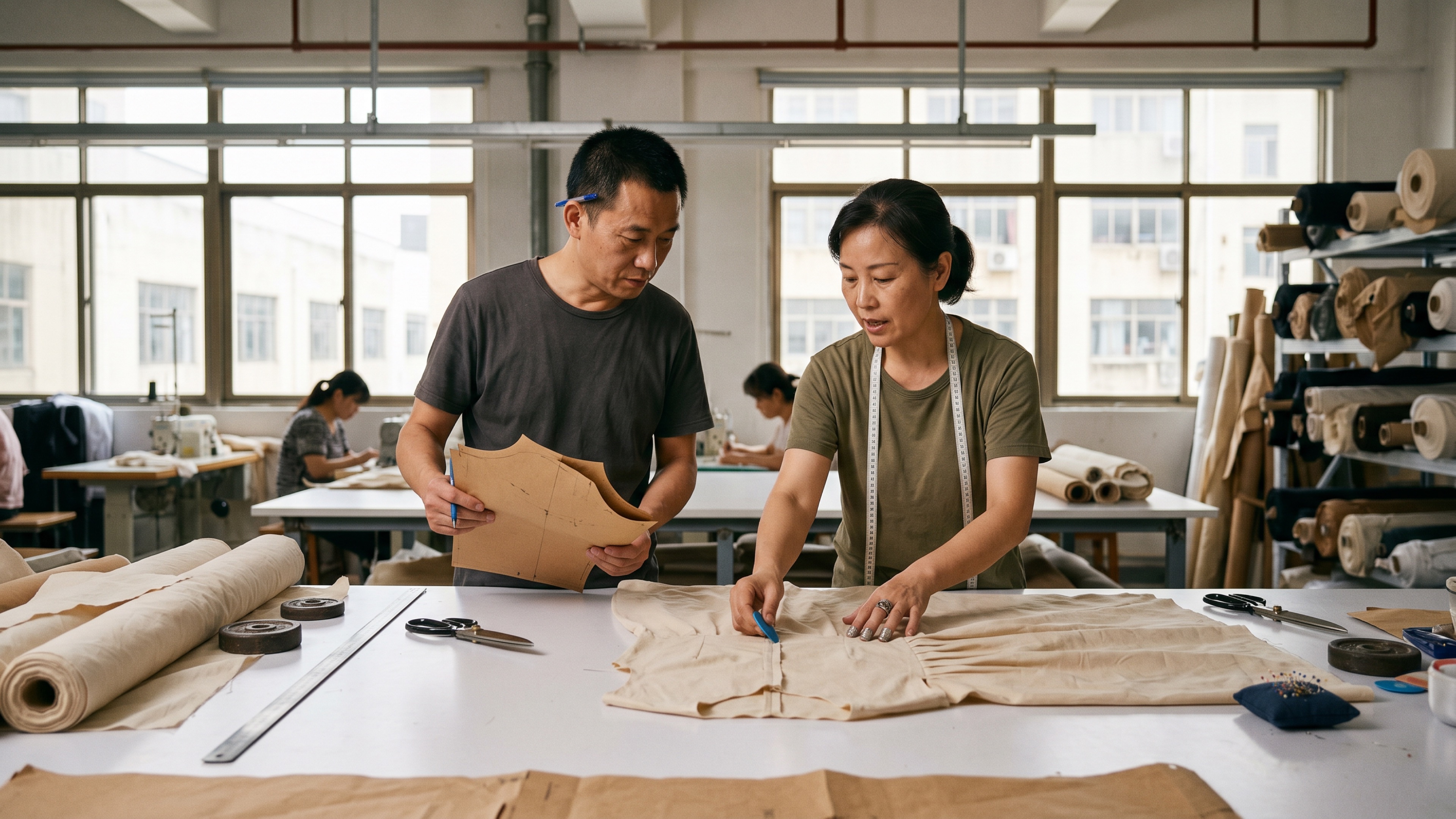 Two pattern makers reviewing a first sample garment on a development cutting table with paper patterns and a tape measure